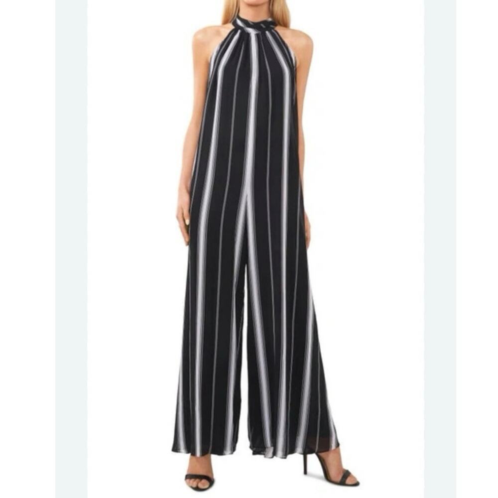 Halogen Wide Leg Halter Neck Black White Striped Flowy Jumpsuit Tie Neck Size XS